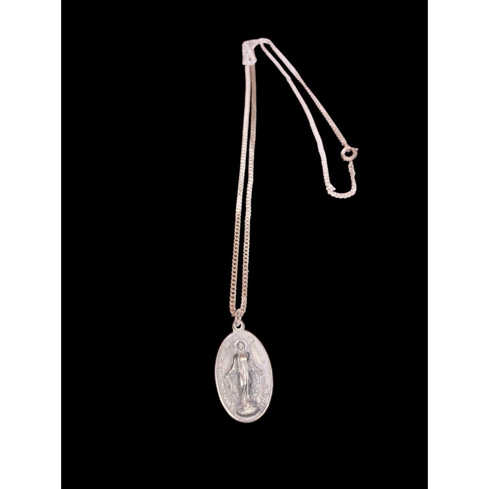 Sterling Silver Miraculous Medal With 24" Necklace Vintage